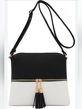 NWT DELUXITY Black and White Crossbody Bag with Tassel Accent
